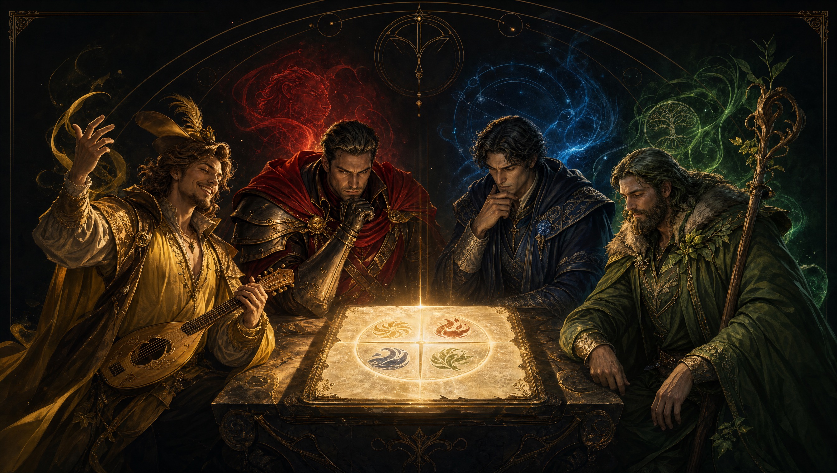 Four temperament archetypes gathered around a luminous free quiz scroll for a 4 temperaments test
