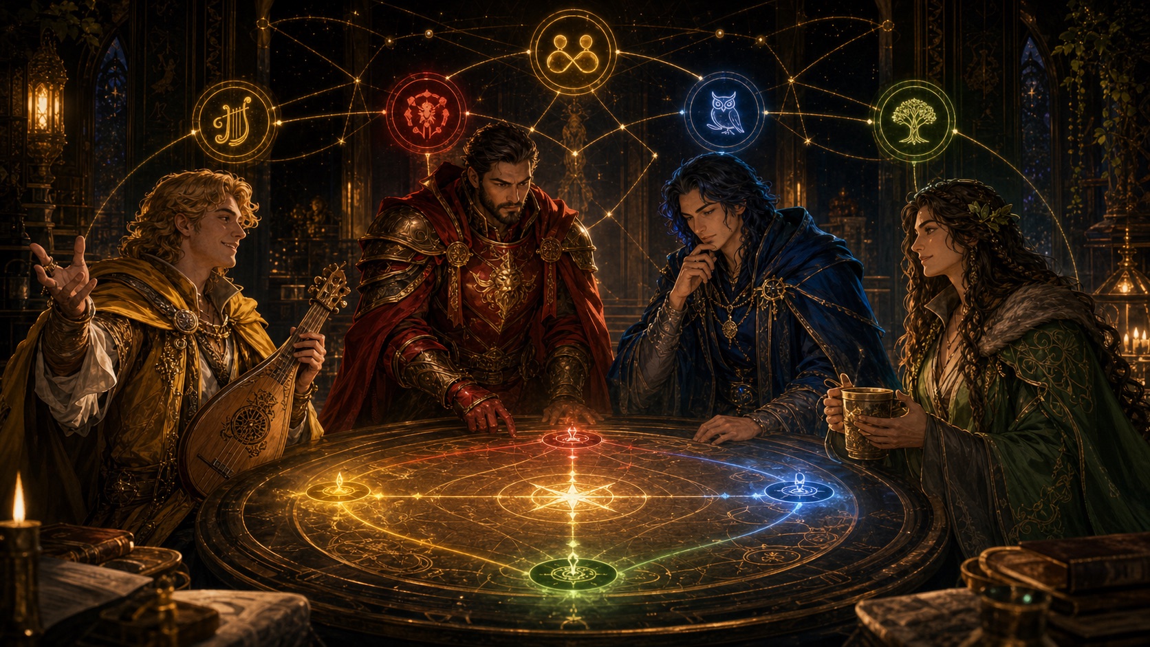Four temperament archetypes gathered around a glowing quiz table for choosing the best free temperament test