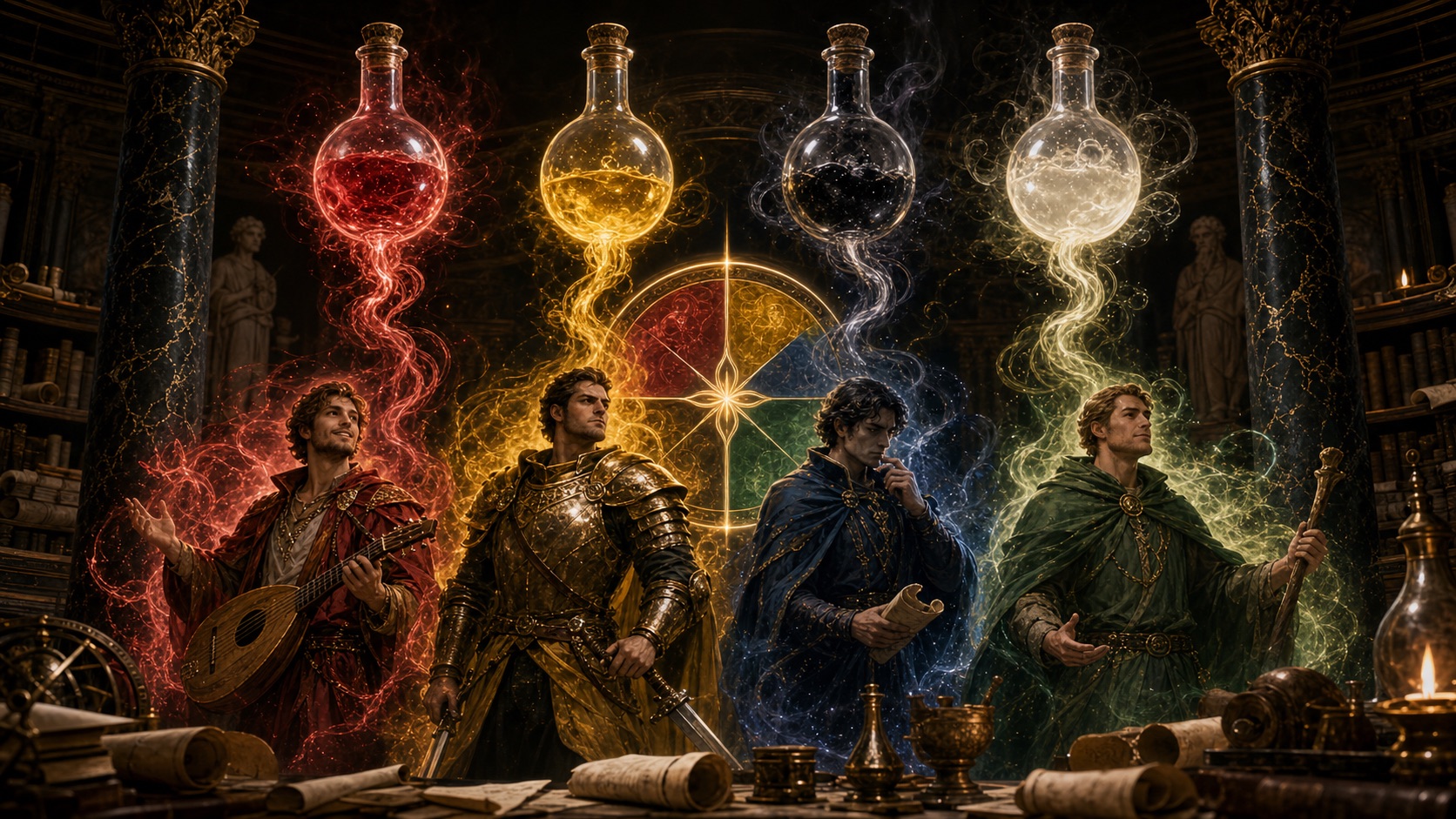 Ancient four humors symbols transforming into four modern temperament archetypes