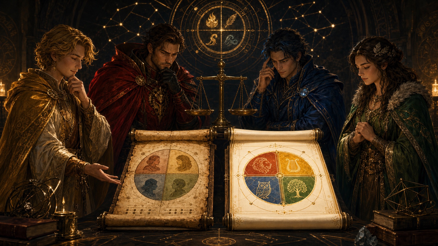 Four temperament archetypes comparing two glowing assessment scrolls