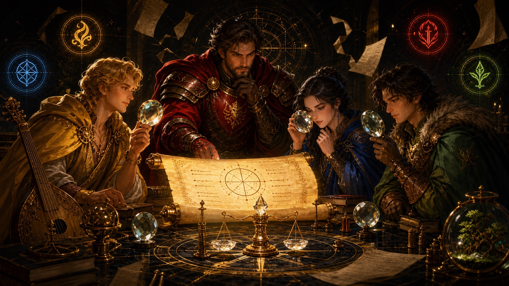 Four temperament archetypes examining a luminous quiz scroll and scales