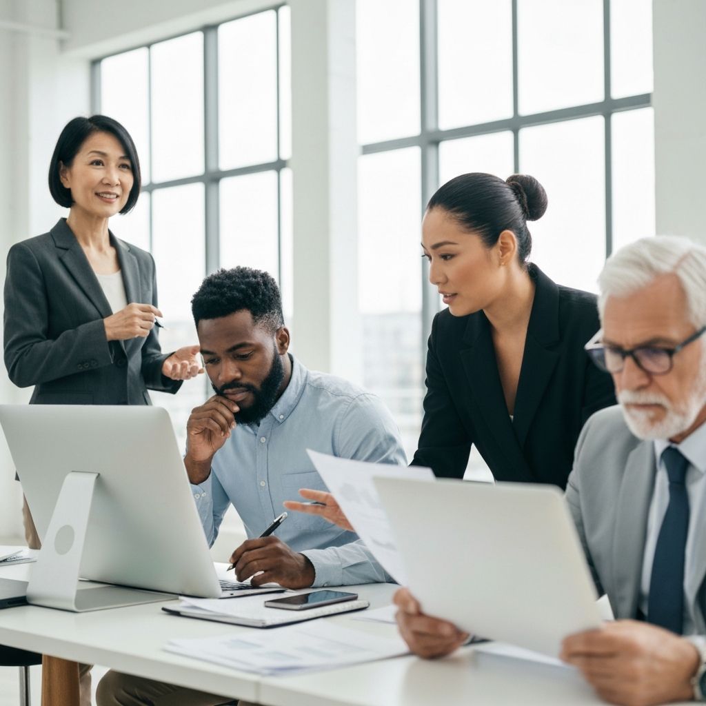 Four temperament archetypes working together around a strategy table